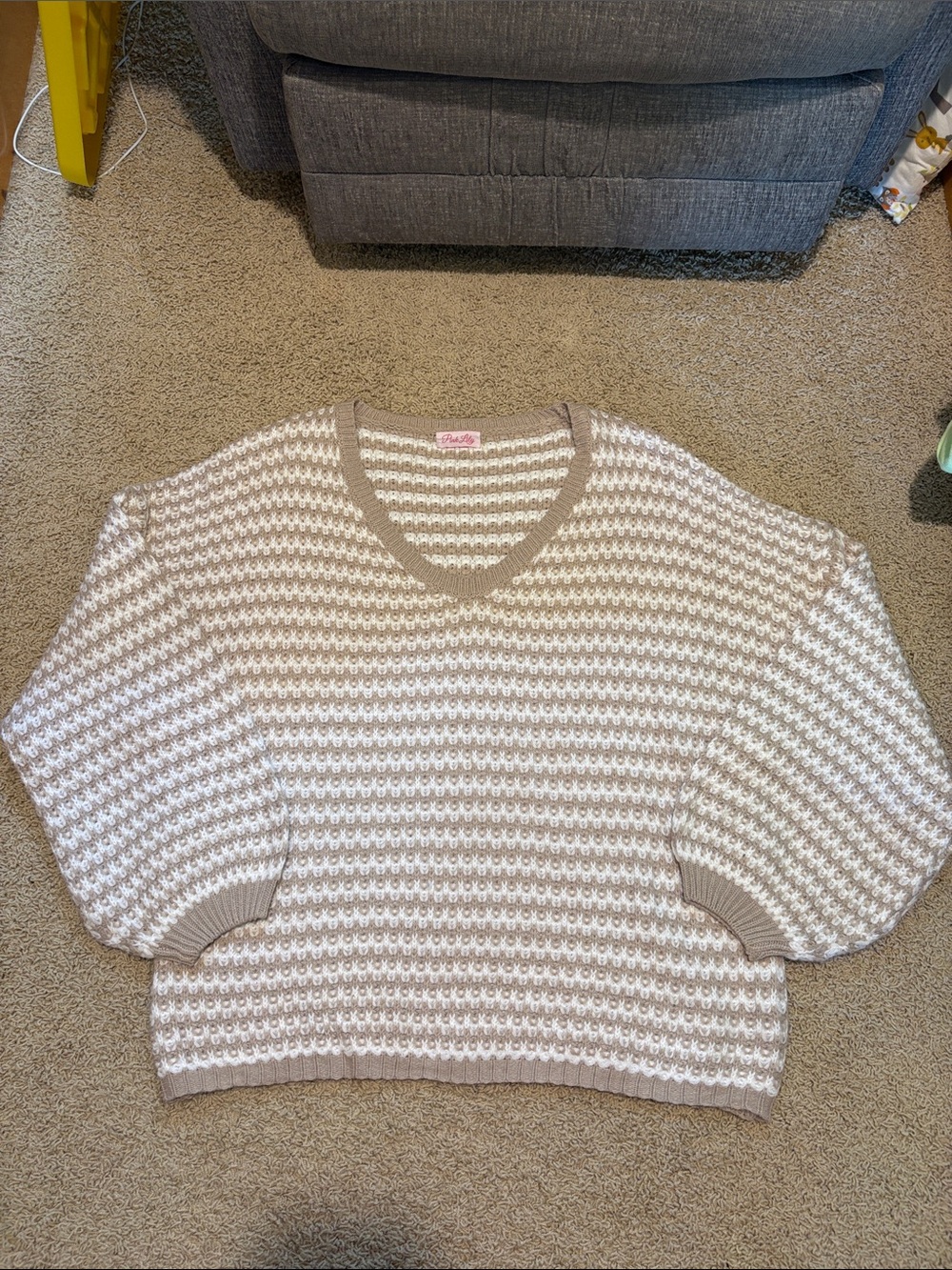 Pink Lily Striped V-Neck Sweater in Cream and Taupe